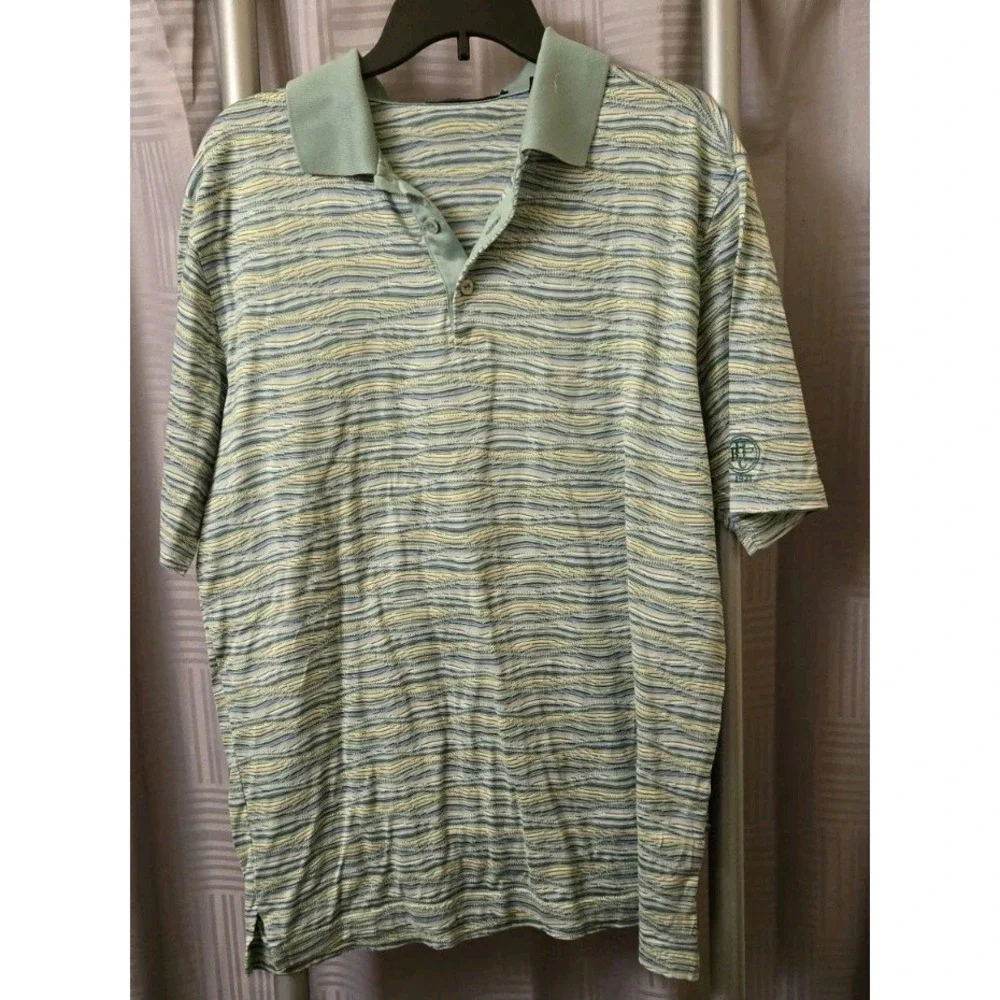 Bugatchi Uomo Mens Polo Shirt Size Large Wavy Striped Green‎ Short Sleeve